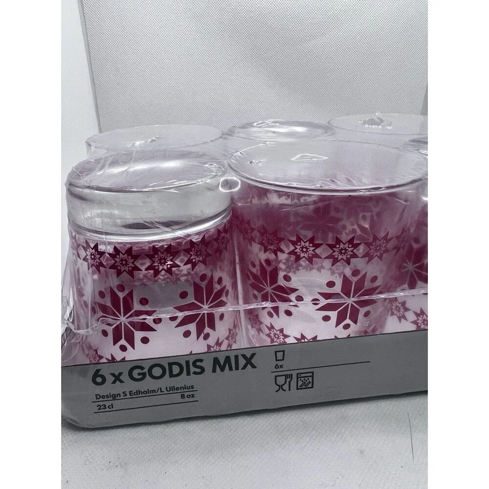 IKEA Clear Glass Red Snowflake Winter Set 6 Glasses 8oz fair isle new christmas